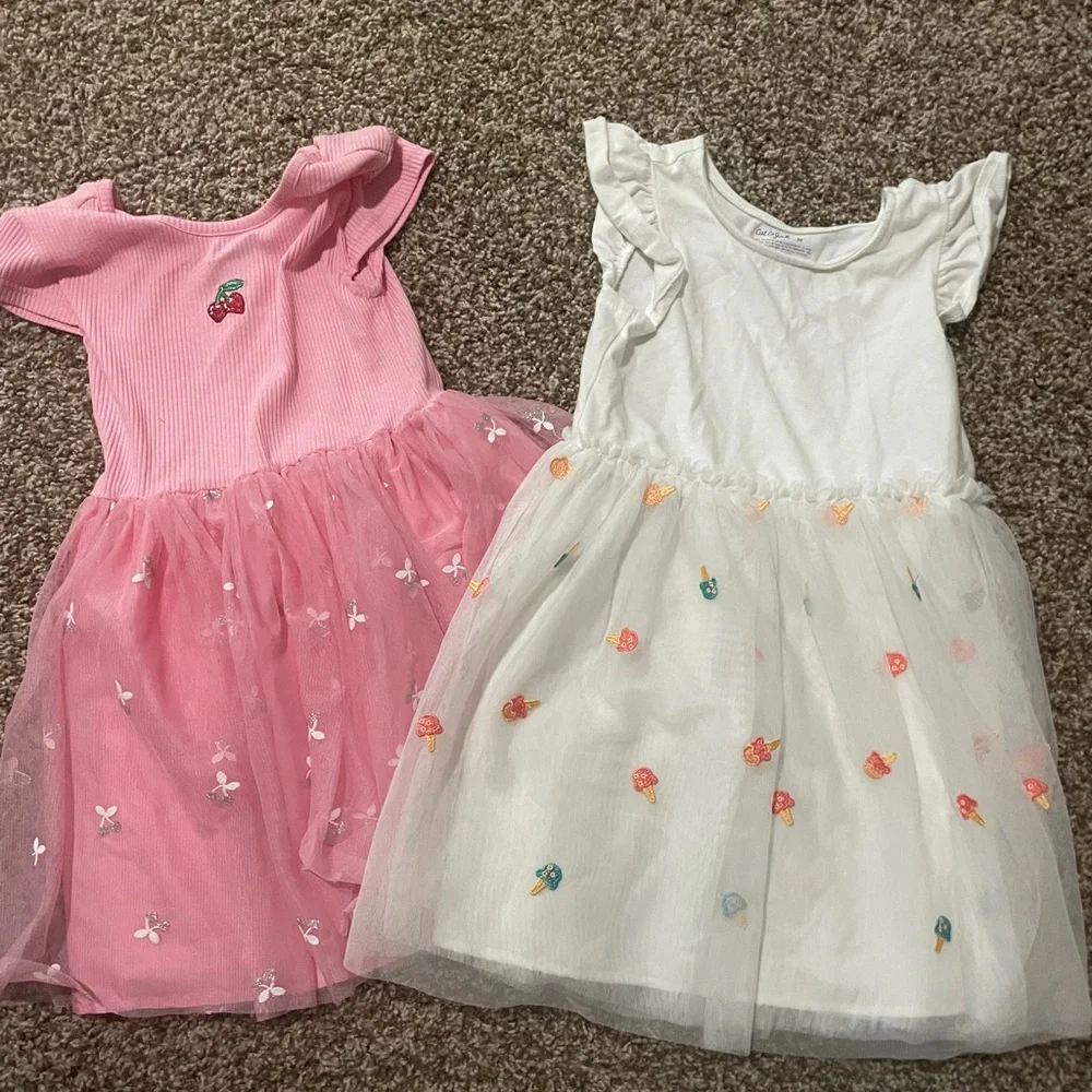 Pink & White Tulle Dress Set with Embroidered Motifs